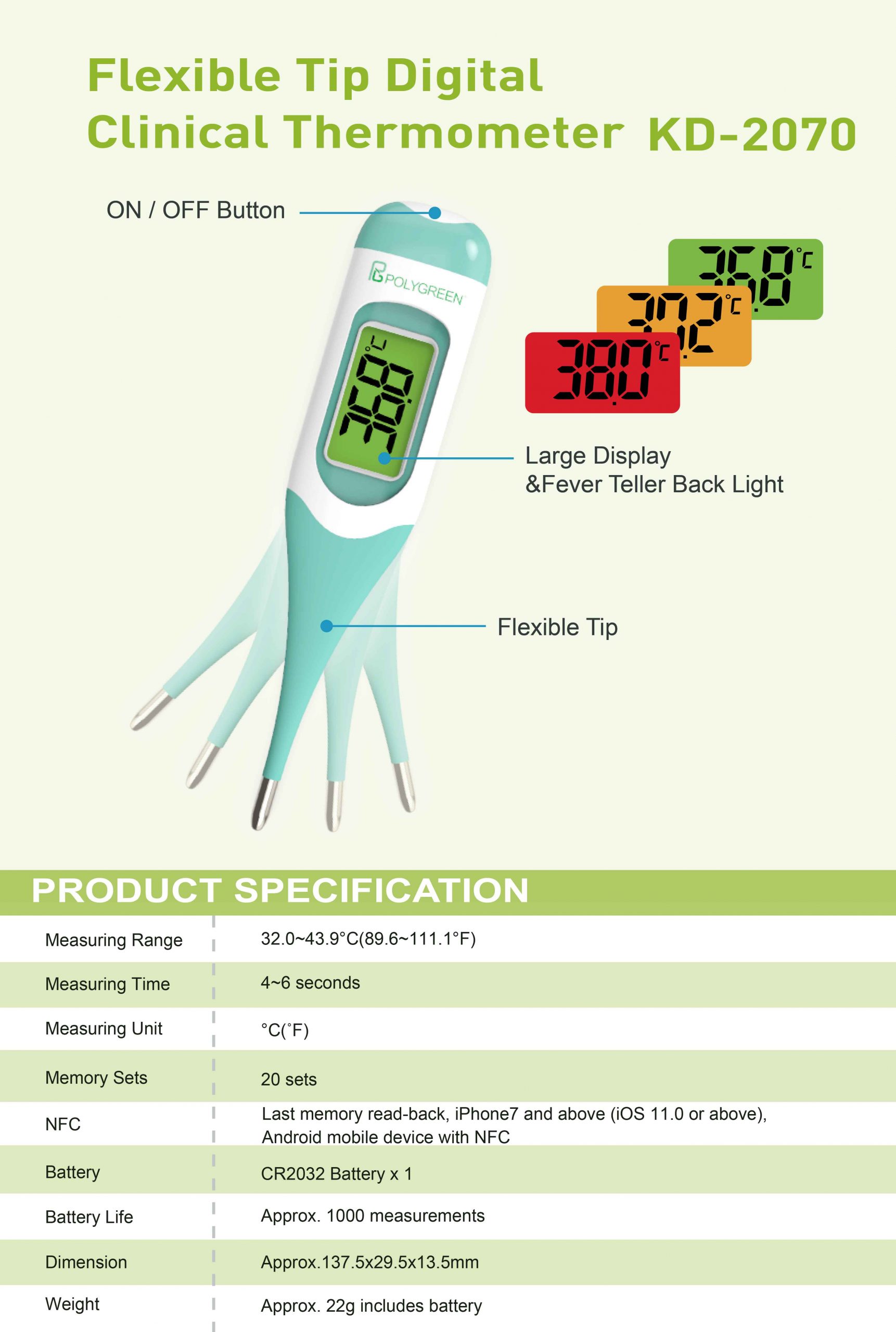 KD2070 Flexible Tip Digital Clinical Thermometer POLYGREEN